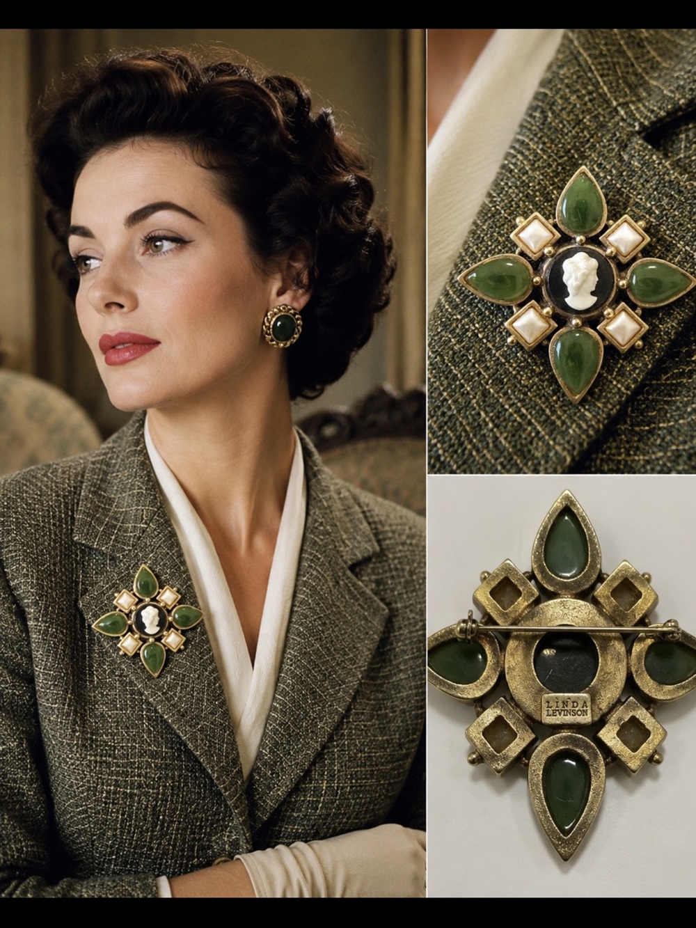 Linda levinson vintage cameo brooch Green cabachon faux Pearl gold statement pin